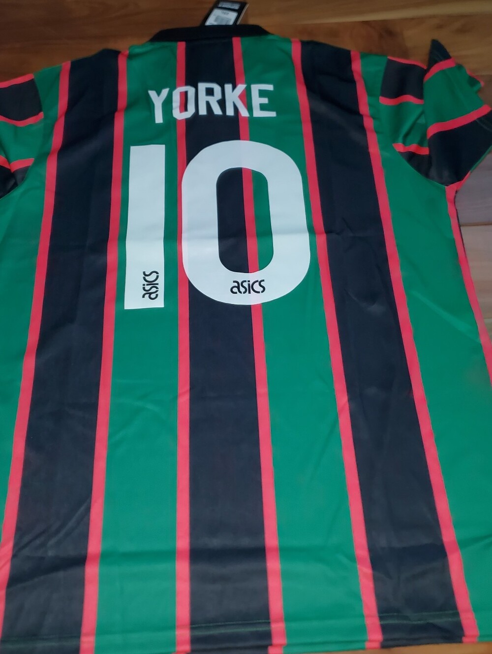 ASICS 'Yorke' #10 Green Black Red Striped Soccer Jersey